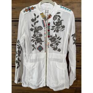 Johnny Was Jacket Women's Small White Embroidered Floral Zip Boho Festival Style